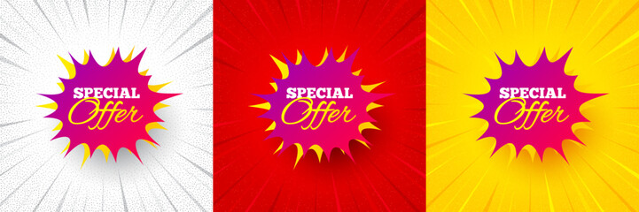 Special offer sticker. Flash offer banner, coupon or poster. Discount banner shape. Sale coupon bubble icon. Special offer promo banner. Retail marketing flyer. Starburst pop art. Vector