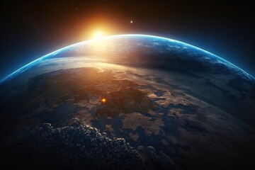 Curvature of planet Earth. Aerial view of blue planet from space. Sunrise over globe land and ocean. Generative AI.