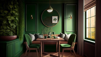 温かみのある緑色のダイニング セット、床に木製のテーブルでモックアップされたダイニング ルームの壁のイラスト。 generative ai。