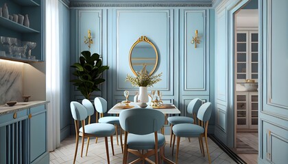 Fototapeta na wymiar small dining room interior , generative ai, warm sky blue colors decoration mockup