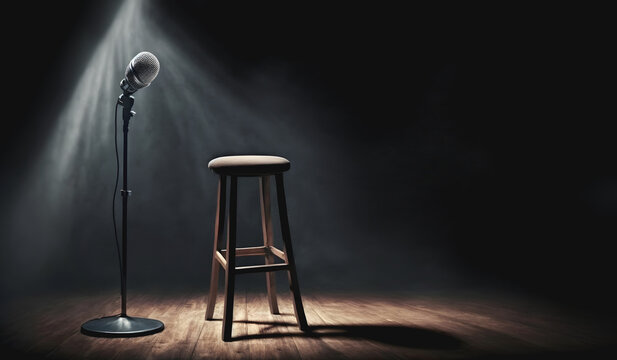 Concept stand up open mic for monologue. Poster background for comedy stage microphone with reflectors ray. Generation AI
