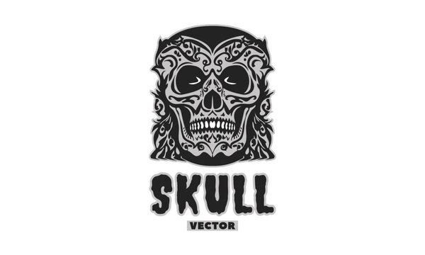 Vector monochrome scary stylistic human skull with patterns. Logo, emblem or icon. White isolated background. The day of the Dead.