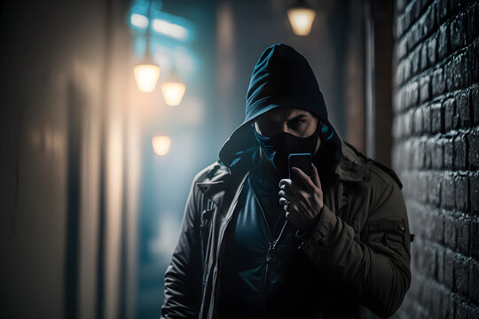 Criminal bandit watches victim in dark alley. Man is preparing to commit an attack to people. Generation AI