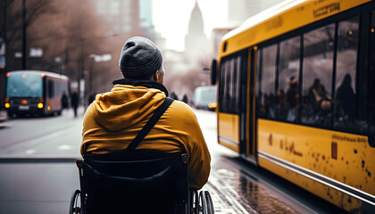 Confused and sad Elderly disabled man in wheelchair background of yellow bus. Concept lost Alzheimer people, problem transportation for senior person. Generation AI
