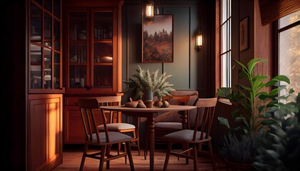 Fototapeta na wymiar Interior design using warm wood tones in the dining room's smaller space, Colors of warm wood used in the interior of a tiny dining room, generative ai, 
