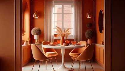 Foto op Plexiglas Illustration eines Esszimmer-Wandmodells mit warmer orangefarbener Essgarnitur, Holztisch auf dem Boden. generative ai. © Cheung