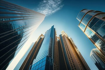 Fototapeta na wymiar Modern glass skyscrapers with blue sky. Generative AI.
