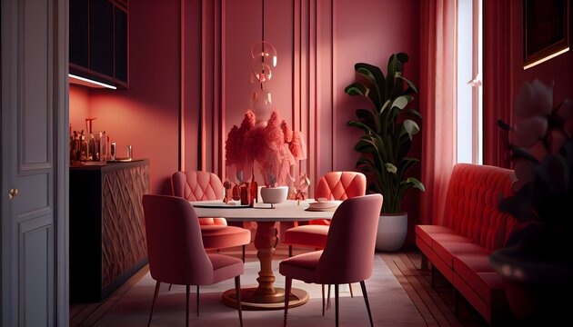 illustration du mur de la salle &agrave; manger avec Viva Magenta, ensemble de salle &agrave; manger de couleur rouge rose chaud, table en bois au sol. generative ai