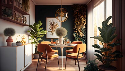 Dining room mock up with plants, brown colour dining set, wooden table on wooden floor. generative ai illustration.