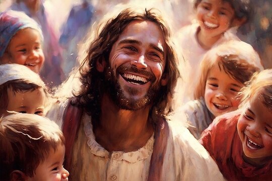Painting of Jesus Christ smiling. Let the little children come to me. 