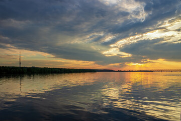 Fototapeta na wymiar Beautiful sunset over Dnieper river near Cherkasy, Ukraine