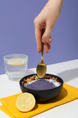 Concept of healthy food with acai smoothie