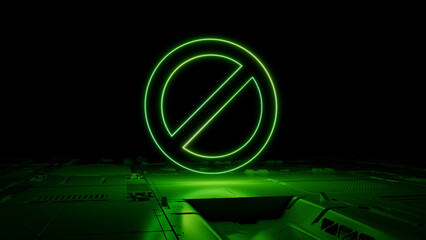 Green Restricted Access Technology Concept with Prohibition symbol as a neon light. Vibrant colored icon, on a black background with high tech floor. 3D Render