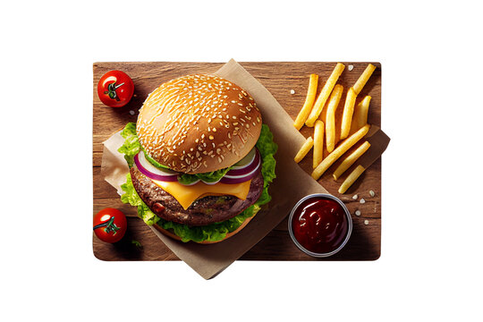 Top view hamburger or burger and fries on wood plate, isolated on white background,  image ai generate