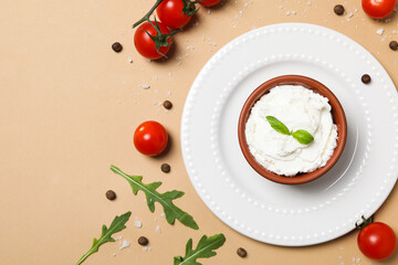 Concept of tasty dairy product - ricotta cheese, space for text