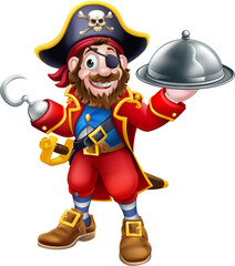 A pirate captain chef with food a silver cloche plate or platter cartoon character mascot.