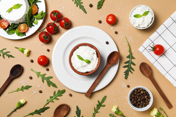 Concept of tasty dairy product - ricotta cheese, top view