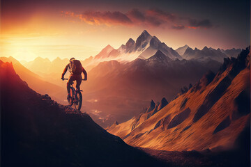 A man riding a bicycle down a hill at epic sunset digital art style, illustration . AI