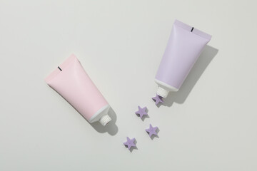 Concept of child bodycare, child cosmetic, top view