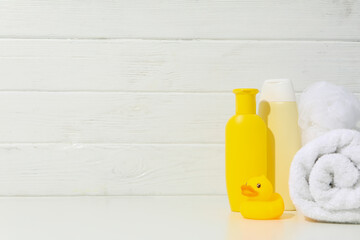 Concept of child bodycare, child cosmetic, space for text