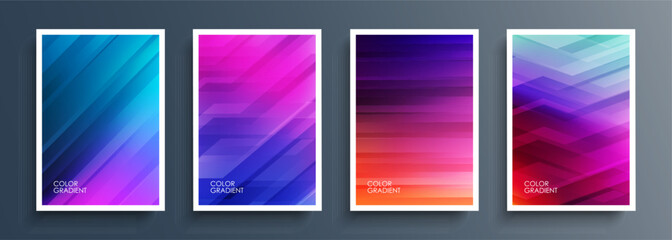 Set of abstract backgrounds with vibrant color gradients and line patterns. Bright graphic templates collection for brochure covers, posters, flyers and cards. Vector illustration.