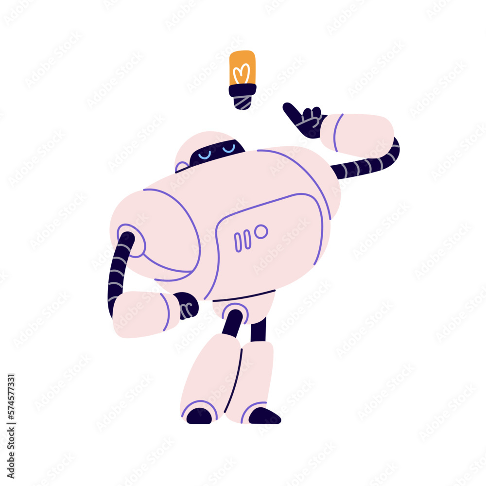 Aufkleber Cute creative robot with idea, thought, solution. Smart retro-styled android, AI machine character thinking. Bot with mind and creativity. Flat vector illustration isolated on white background