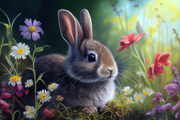 Fototapeta premium A cute small rabbit in the meadow with many colourful flowers around, generative ai
