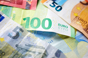 Close-up of a pile of banknotes of the European Union.