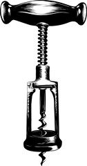 PNG engraved style illustration for posters, decoration and print. Hand drawn sketch of wine corkscrew with a splash, monochrome isolated on white background. Detailed vintage woodcut style 