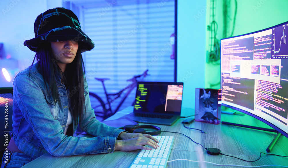 Leinwandbilder Programming, software and data with a black woman developer working in a neon office for information technology. Computer, cyber security and database with a female programmer typing code for an app