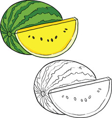 Yellow watermelon illustration. Perfect for art, postcards, cards, wall decor, t-shirts, cards, prints, drawing books, coloring books, wallpaper, prints, cards, ect.