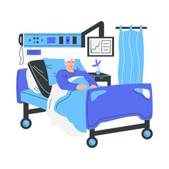 Hospitalized elderly man lying in a bed. Sick aged male patient  in a hospital room. Vector flat illustration