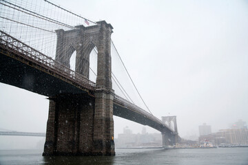Brooklyn Bridge during snow fall