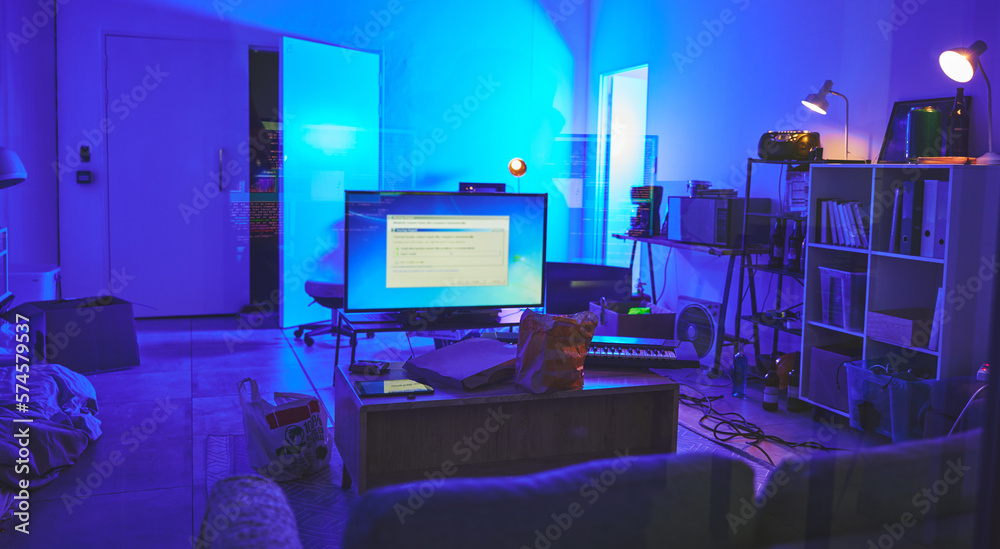Poster Programming room, information technology or tv in house for software, hacking or coding in neon light at night. It, television or living room interior with digital devices, sofa or piano with screen.