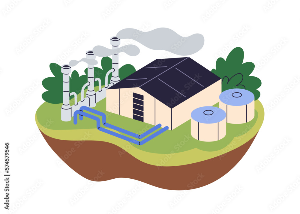 Wall mural Geothermal power plant for electricity energy generation. Electric generating industry. Industrial building, station with pipes, towers. Flat vector illustration isolated on white background