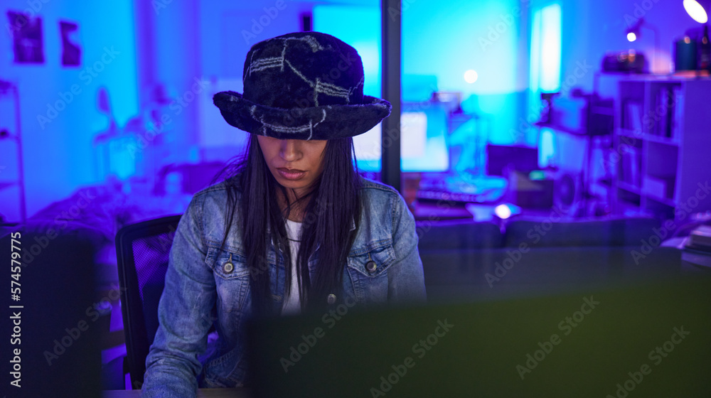 Leinwandbilder Hacker, cybersecurity and programming with woman in home for ransomware, database or it at night. Neon, coding and technology with girl programmer and computer for phishing, network or software crime