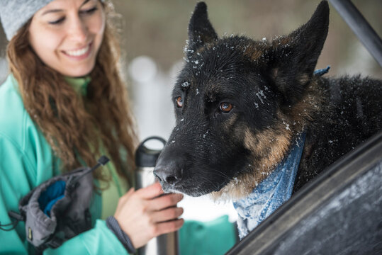 Woman and dog wrapping up snowy day in White Mountains