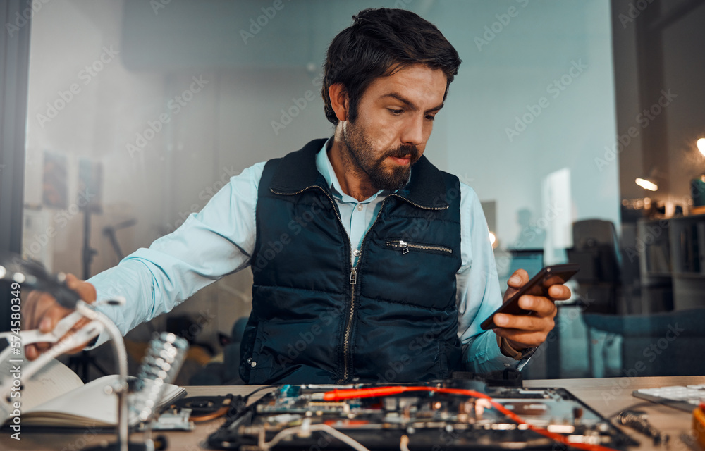 Poster Computer hardware repair, phone and it worker watch a diy video to fix a semiconductor and circuit. Engineering, workshop and electric work of a male engineer with a mobile doing electrical project