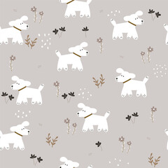 Seamless pattern with cute white dog and floral elements. Childish print. Vector hand drawn illustration.
