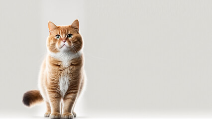 A cute cat peering over a table with large empty background. generative ai