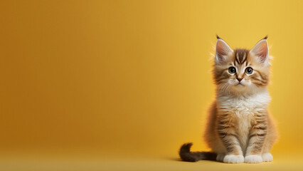 A cute little kitten peering over a table with large empty background. generative ai