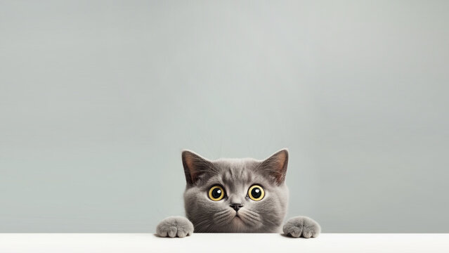 A cute cat peering over a table with large empty background. generative ai