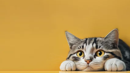 Tuinposter A cute cat peering over a table with large empty background. generative ai © dwimuha