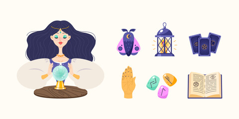 Fototapeta na wymiar Magic and fortune telling set. Cartoon illustrations of a beautiful girl reading the future by seeing crystal ball and a collection of magic accessories. Vector 10 EPS.
