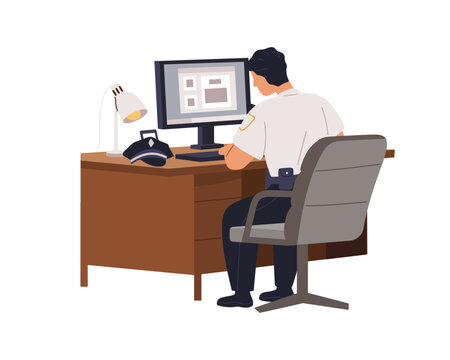 Police officer sitting at computer desk in office. Policeman cop in uniform works in chair at table at crime investigation department, bureau. Flat vector illustration isolated on white background