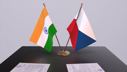 Czech and India national flags. Partnership deal 3D illustration, politics and business agreement cooperation
