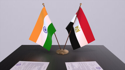 Egypt and India national flags. Partnership deal 3D illustration, politics and business agreement cooperation