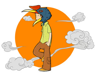 Illustration of a summer hornbill at sunset. Perfect for art, postcards, cards, wall decor, t-shirts, cards, prints, drawing books, coloring books, wallpaper, prints, cards, ect.