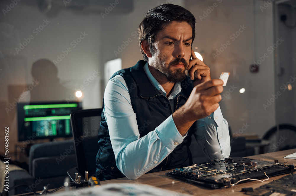 Poster computer hardware repair, microchip and serious it worker thinking how to fix a motherboard. enginee