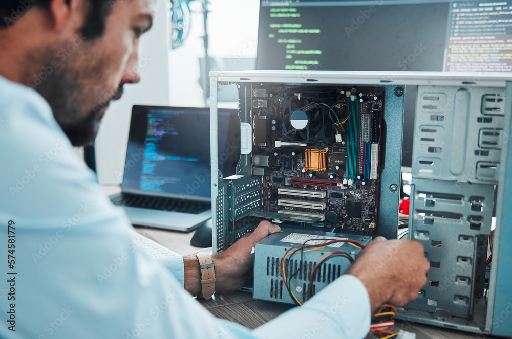 Aufkleber It technician, engineer and computer hardware with a man working to fix or maintenance technology. Hands of expert IT person in office data center for system repair, engineering or motherboard update